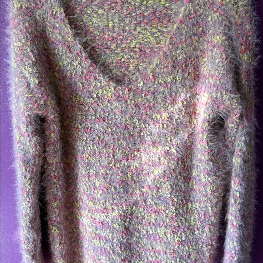 Pink and Yellow V-Neck Sweater with Textured Knit